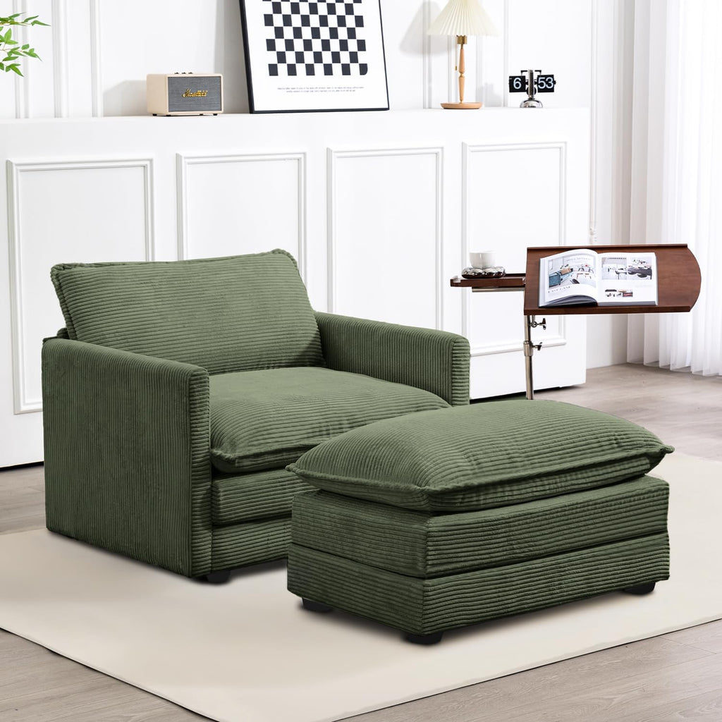 ROWHY 41'' Single Armchair with Ottoman, Modern Corduroy Cloud Couch with Convertible Chaise, Upholstered Sofa Set for Living Room, Green