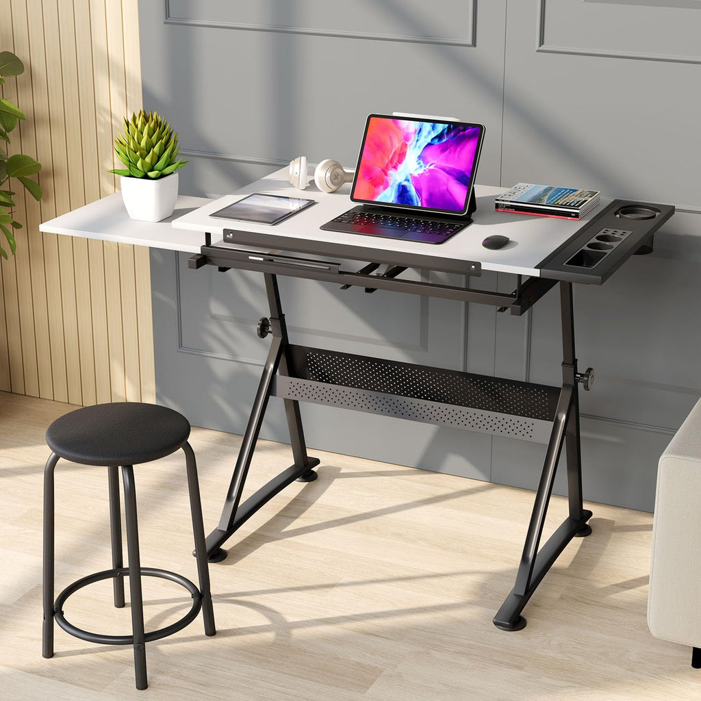 OS MOTOR Adjustable Height Drafting Table with Wood Top, Art Craft Desk with Slide-Out Drawers, Storage, for Drawing, Writing, Painting, and Creative Tasks, Ideal for Home Office, Natural