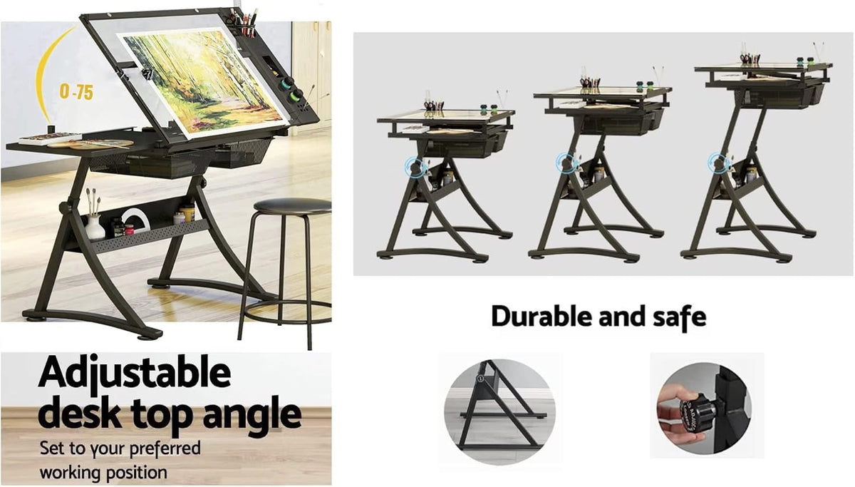Glass Drafting Table Art Desk â Adjustable Professhional Artwork Drawing Drafting Table Desk, Glass-Topped Art Table for Craft Station Studio Home Office School w/Drawers (Black)