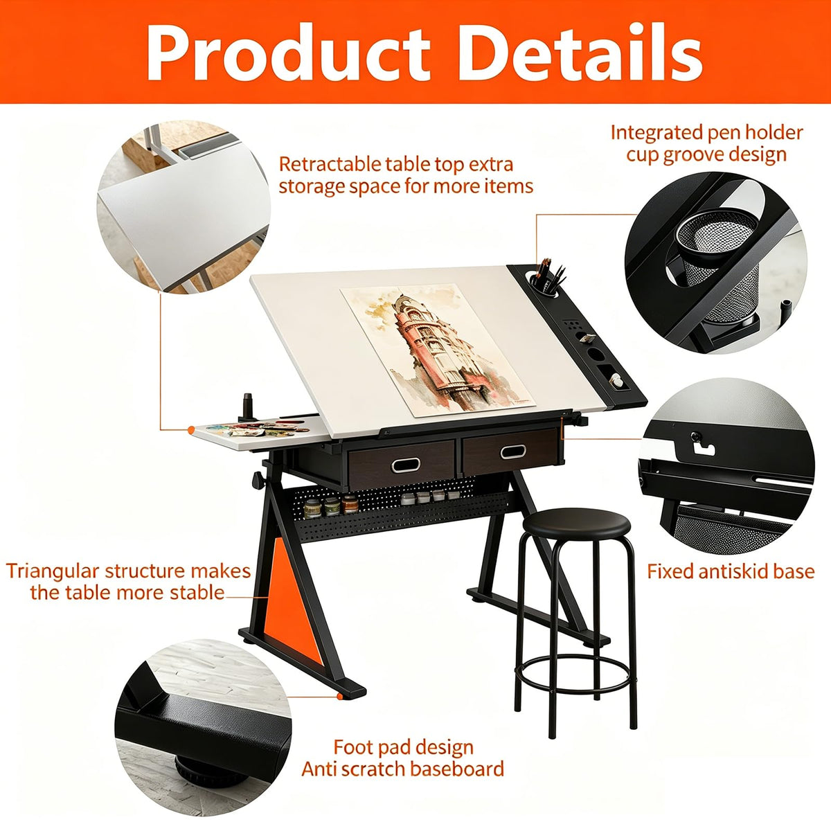 Height Adjustable Tilt Drafting Table with 2 Storage Drawers & Stool Brown