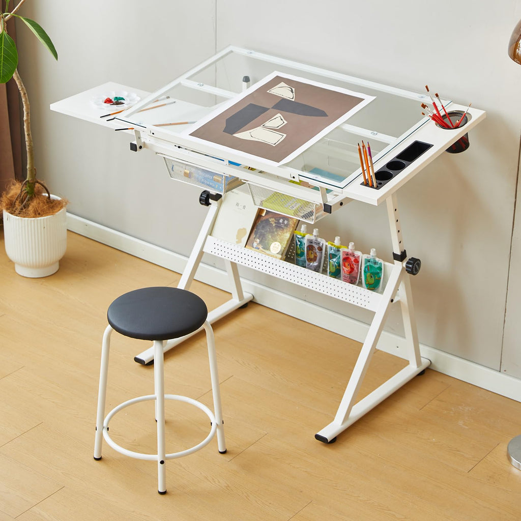 Drafting Table and Stool Set for Adults/Artists, Drawing Table with Adjustable Tabletop and Height, Art Workstation for Painters Crafting Reading Writing Home Office, All White