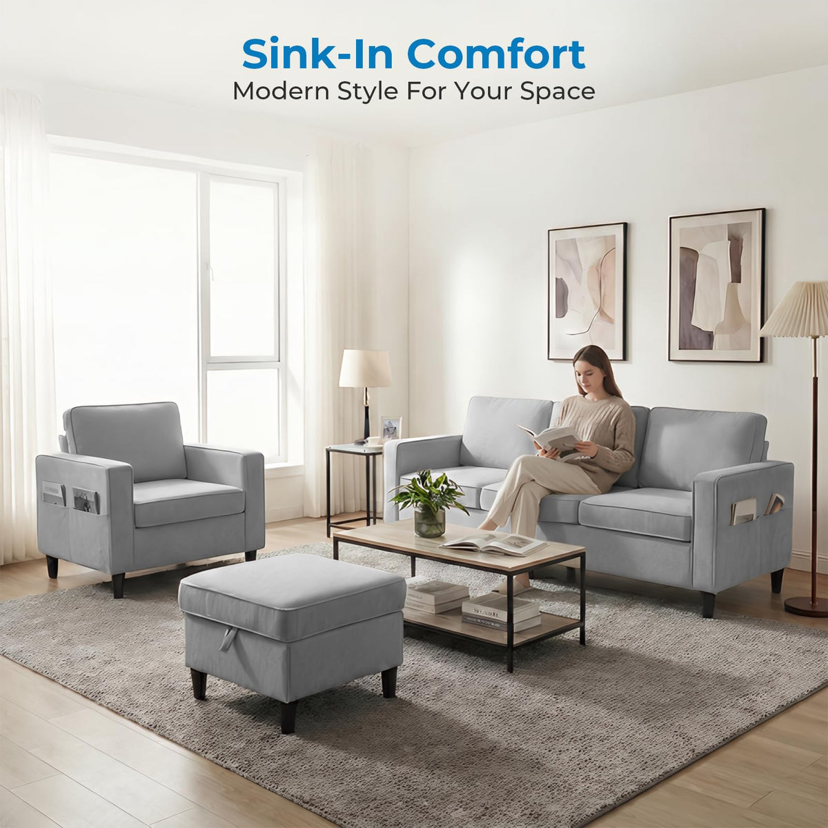 Mjkone 78"W 3 Pieces Sofa Couches Set for Living Room Sets Furniture, Sectional L Shaped 3-Seater Small Sofas Couch and Loveseat Sets with Storage Ottoman and Side Pockets for Home Office, Light Gray
