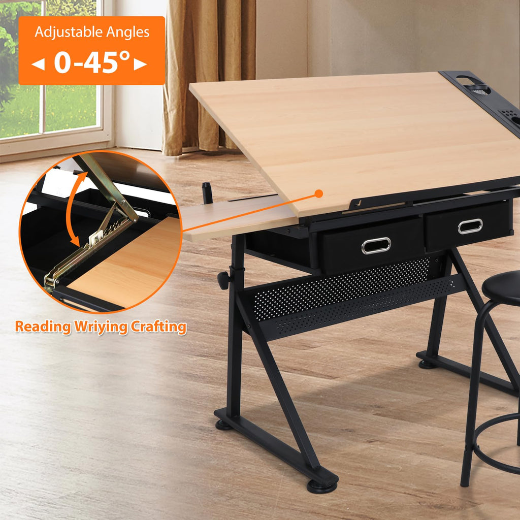 LEMY Drafting Table Art Desk, Height Adjustable Drawing Table Tilting Tabletop Work Station with Stool and Storage Drawer for Home, Office, Writing, Black