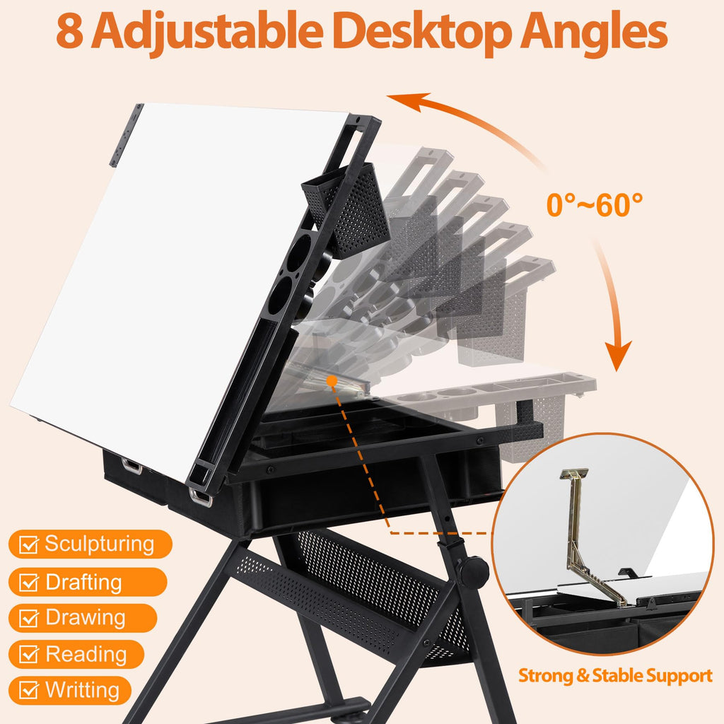 SUPER DEAL Drafting Table Set with Charging Station, Height Adjustable Tilting Drawing Desk Artist Desk with Stool Multifunctional Art Craft Workstation with 2 Storage Drawers for Home Office School