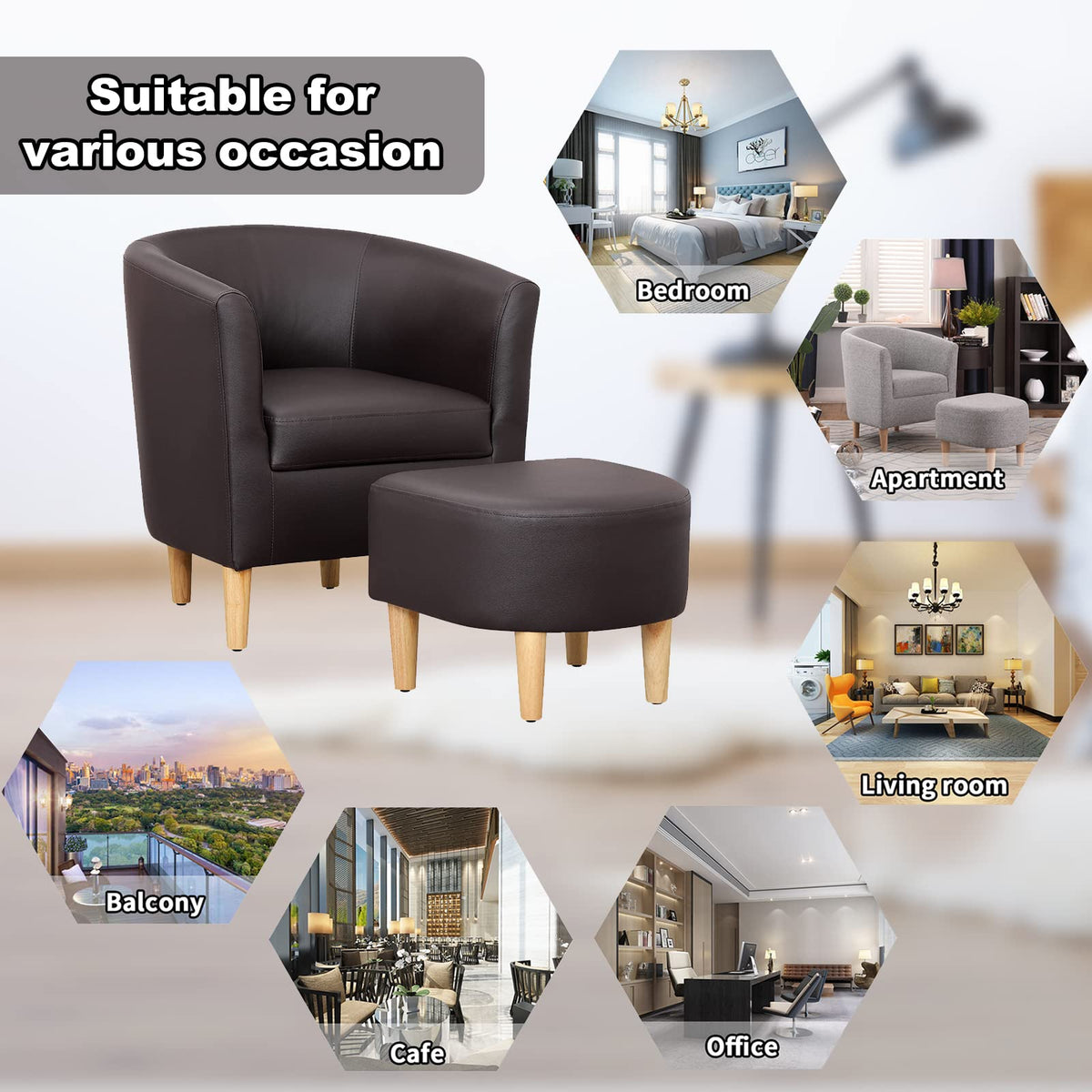 DAZONE Accent Chair with Ottoman, Modern Comfy Armchair Upholstered Barrel Club Chair and Footrest Set, Fabric Tub Arm Chairs for Living Room Bedroom Small Spaces Apartment Office, Set of 2, Gray