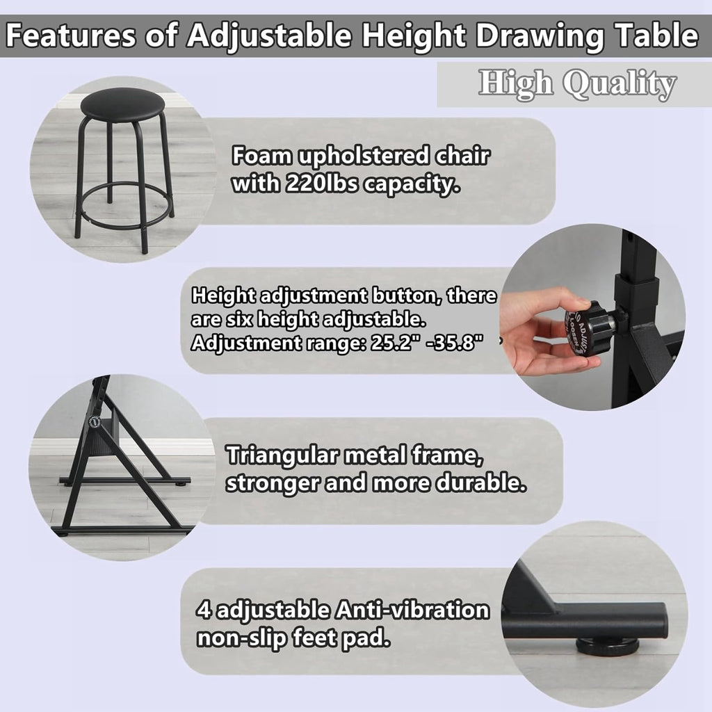 Drafting Table for Artists, Glass Drawing Table with Stool,T1-Black