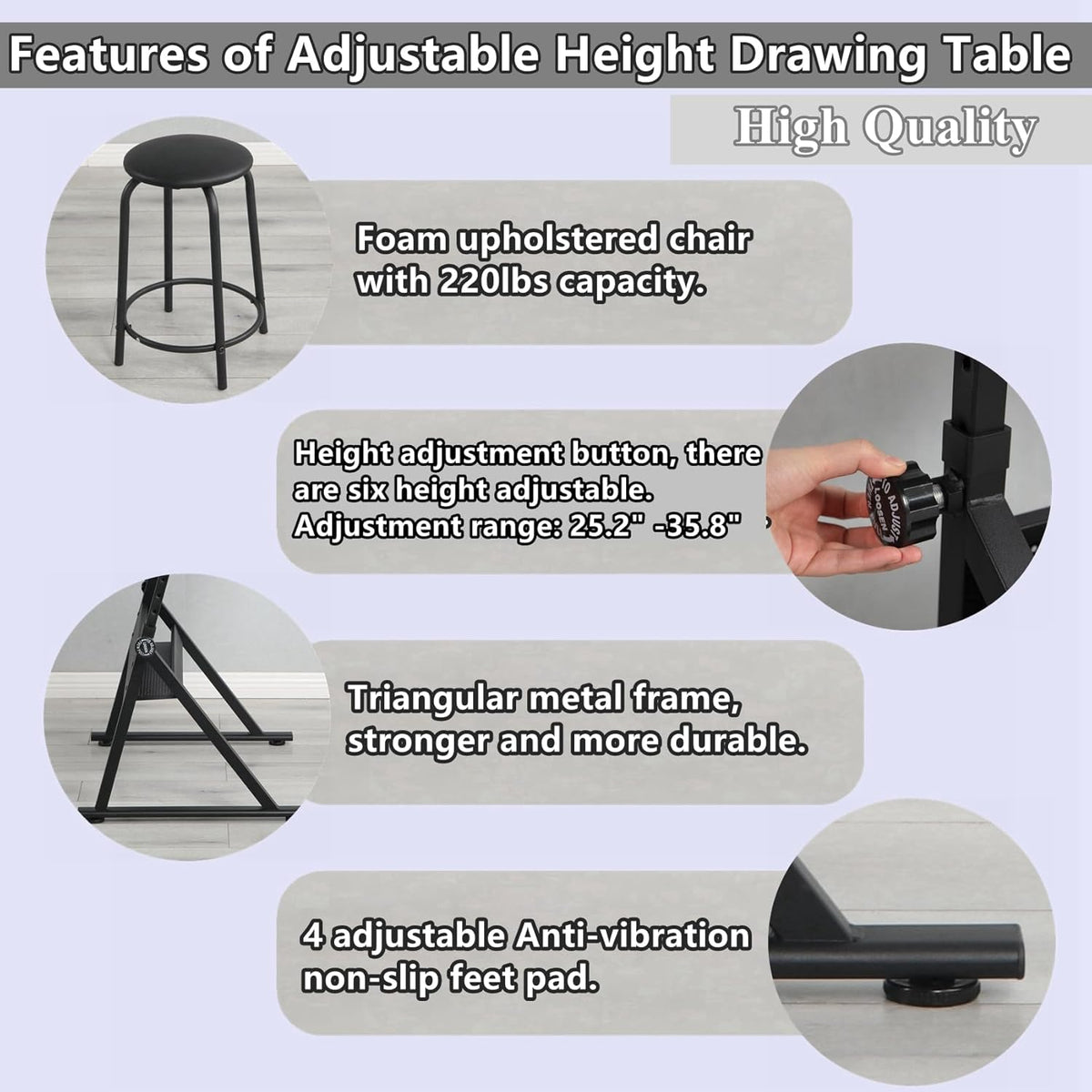 Drafting Table for Artists, Glass Drawing Table with Stool,T1-Black