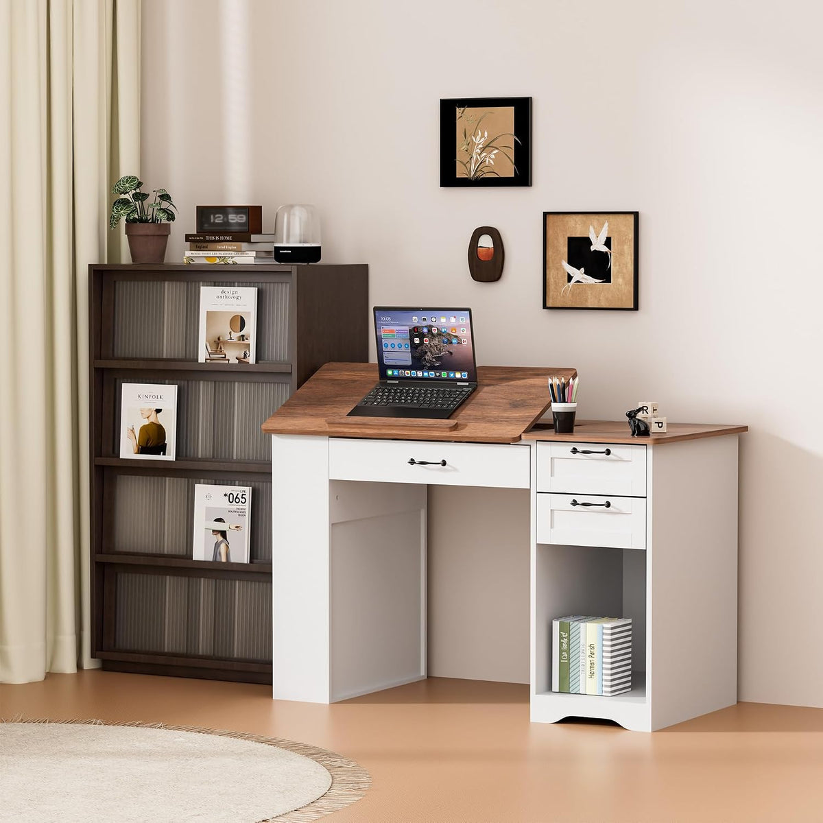 Drafting Table with Storage Cabinet & Drawers, Adjustable Drawing Desk with Open Shelves, Craft Table Painting Desk for Artists, Painters, Drawing, Crafting, Reading, Writing, Working