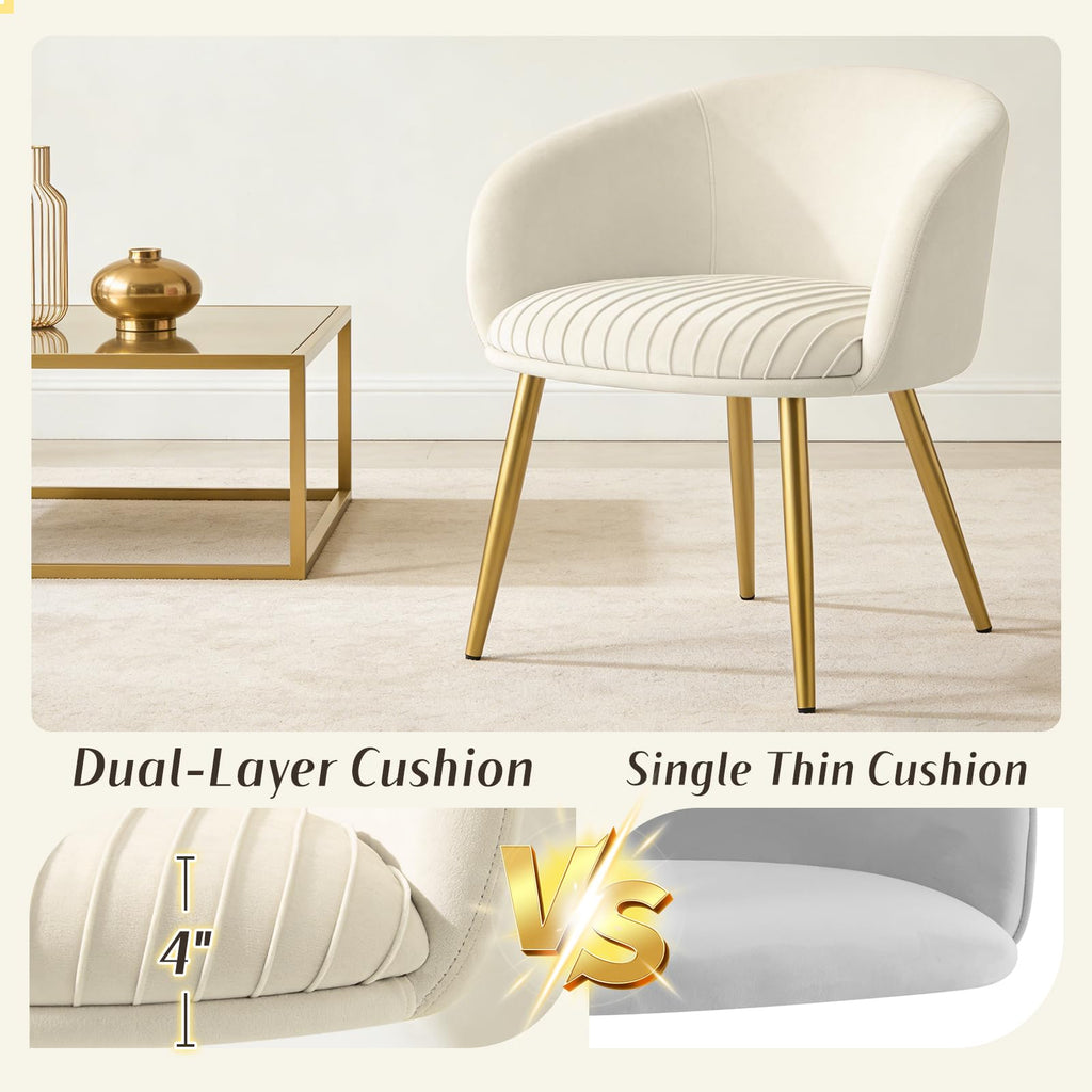 Accent Velvet Makeup Vanity Chairs Set of 2 Boucle Modern Tufted Girls Desk Chair No Wheels with Gold Metal Legs, 20" Extra Wide Armchair for Bedroom Bathroom Dining Room Living Room, Cream Beige