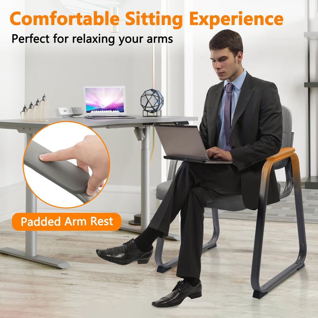 CLATINA Waiting Room Guest Chair with Bonded Leather Padded Arm Rest for Office Reception and Conference Desk Black with Sled Base Brown 1 Pack