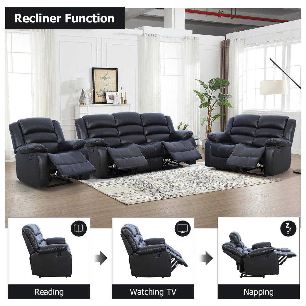 EBELLO Manual Faux Leather Reclining Couch Set for Living Room, Include 1 Recliner Chair, 1 Loveseat Sofa, Recliner Sofa Furniture Set for Home and Office, Black