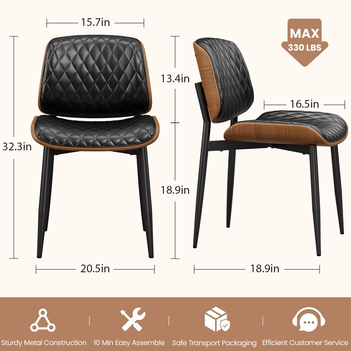 REONEY Dining Chairs Set of 4, Mid-Century Modern Kitchen Chairs, Black