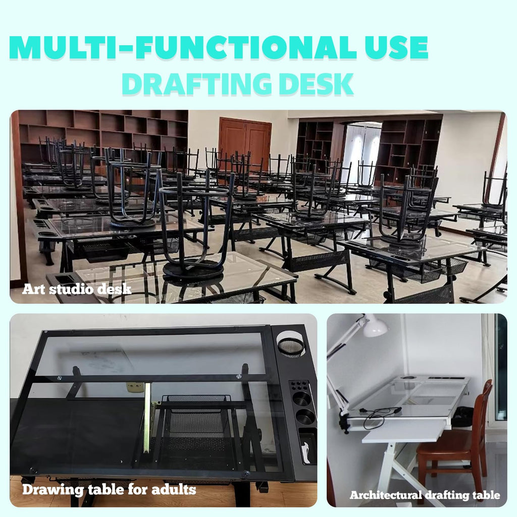 Donfafecuer Adjustable Drafting Table for Adults Professional Art Table 2 Storage Drawers Height Adjustable Home Office Reading Painting Tempered Glass Top Modern Black Design
