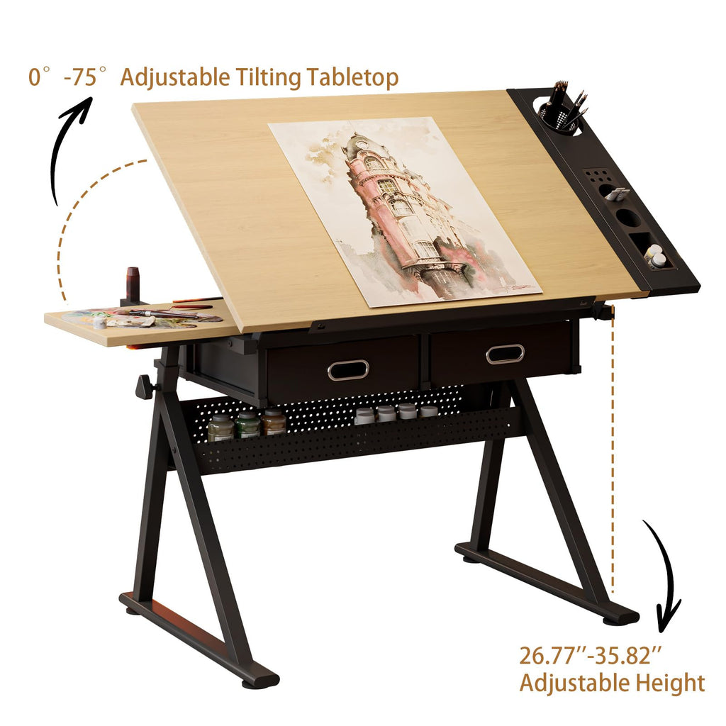 Drafting Table and Stool Set for Adults/Artists, Drawing Table with Adjustable Tabletop and Height, Art Workstation for Painters Crafting Reading Writing Home Office, All White