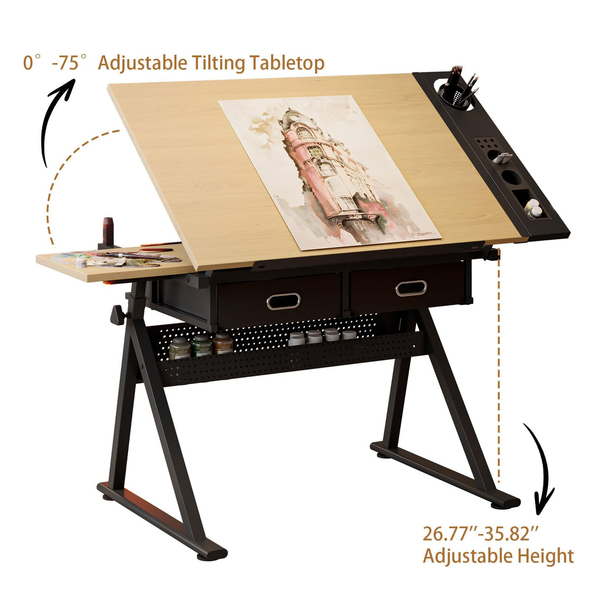 Drafting Table and Stool Set for Adults/Artists, Drawing Table with Adjustable Tabletop and Height, Art Workstation for Painters Crafting Reading Writing Home Office, All White