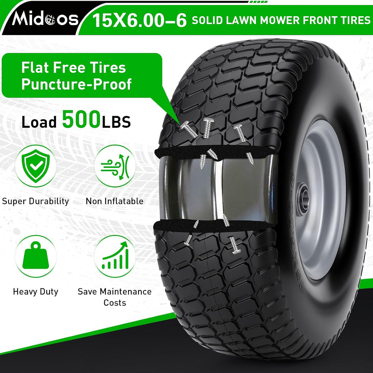 2pcs 15x6.00-6 Flat Free Tire And Wheel, 15x6-6 NHS Lawn Mower Tire