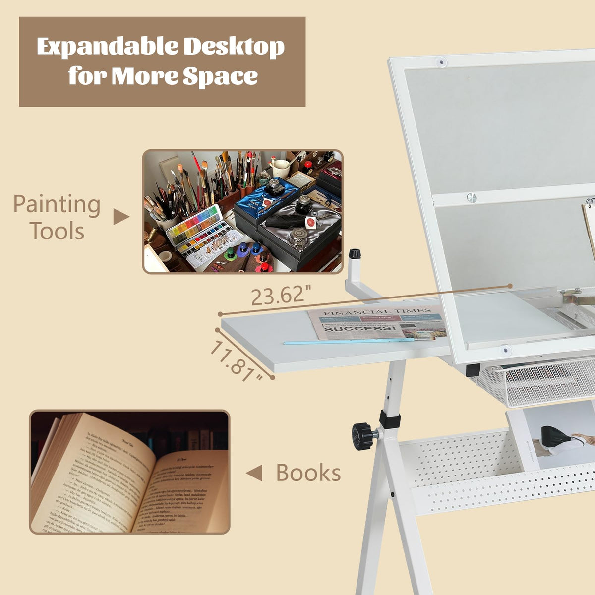 Black Drafting Table Desk w/Stool, Painting Table Art Craft Desk Crafting Table with Tilting Tempered Glass Top, 2 Storage Drawers, Height Adjustable