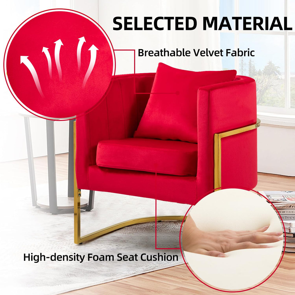 Velvet Accent Barrel Chairs Set of 2, Modern Arm Club Chair Set with Pillow for Living Room/Bedroom/Guest Reception, Channel Tufted, Gold Finish Base, Orange