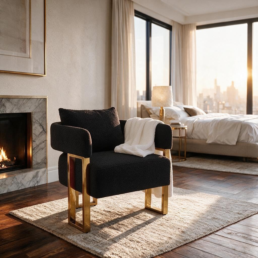YISHENG Modern Barrel Accent Chairs Set of 2, Living Room Side Chairs with Golden Metal Legs Soft Upholstered Reading Armchairs no Wheels for Vanity/Reception Room//Bedroom/Lounge/Office,Black Teddy