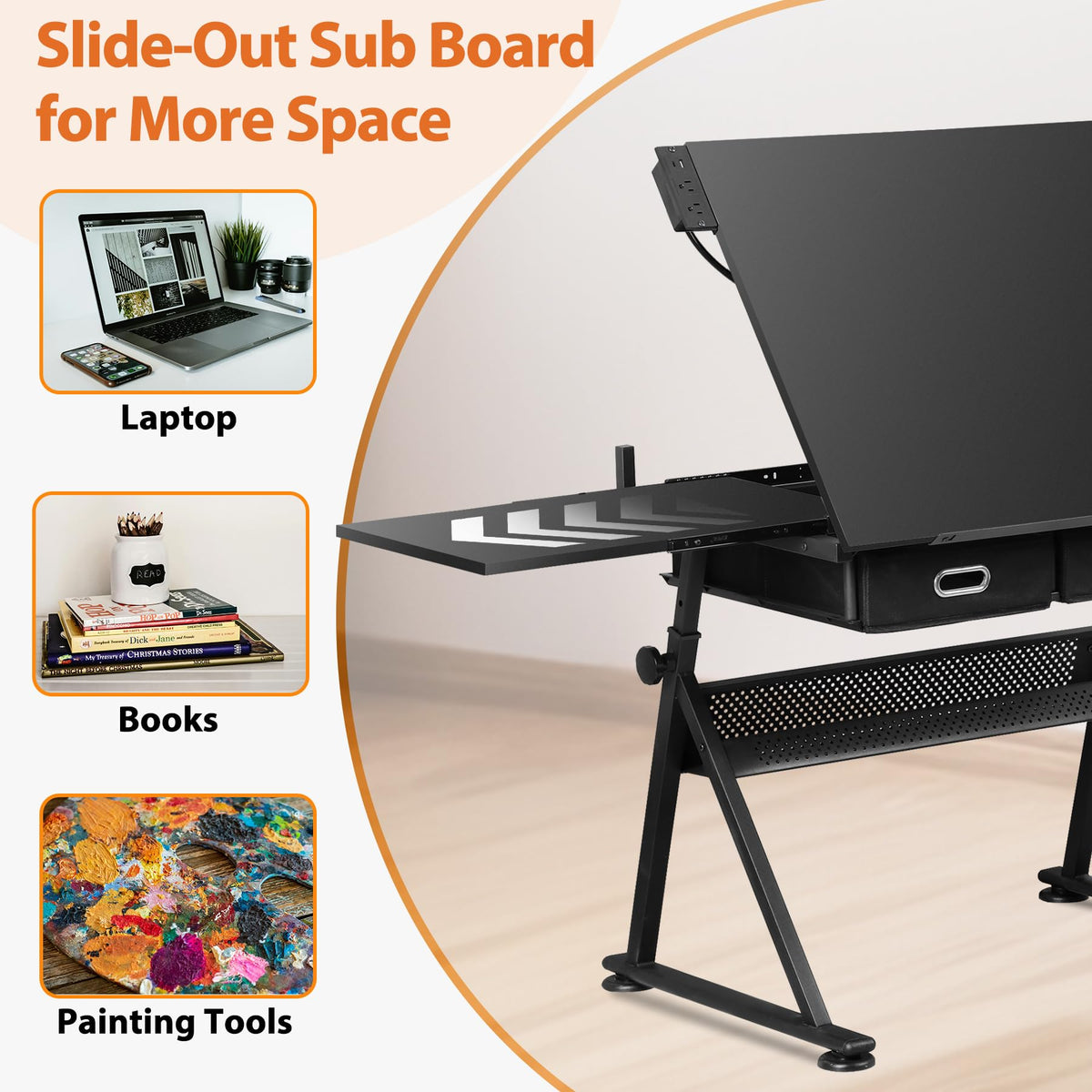 SUPER DEAL Drafting Table Set with Charging Station, Height Adjustable Tilting Drawing Desk Artist Desk with Stool Multifunctional Art Craft Workstation with 2 Storage Drawers for Home Office School
