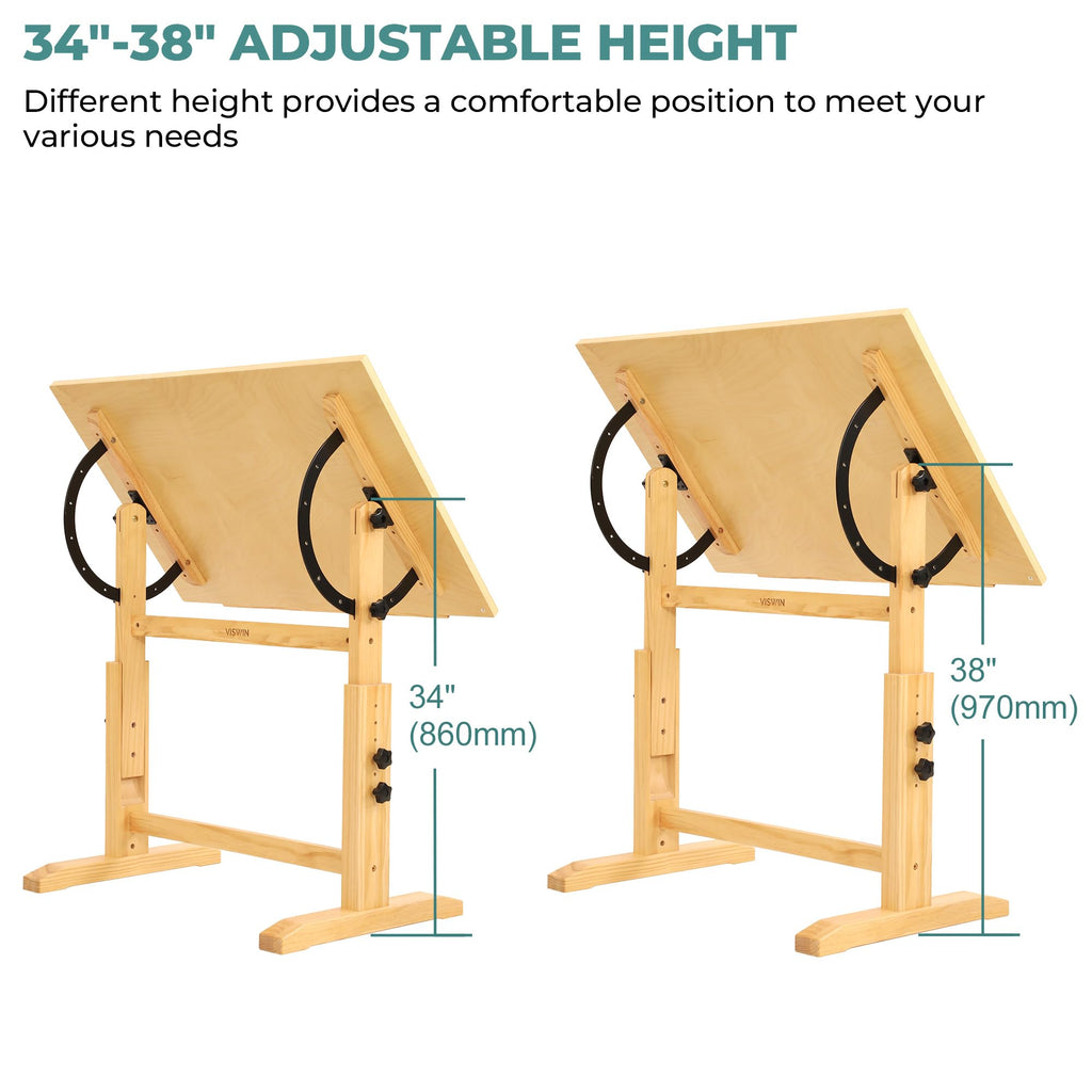 VISWIN Wood Drafting Table for Adults, 24'' x 35" Drawing Table with Adjustable Height & Angle for Art Studio, Solid Pine Wood Artist Desk for Drawing, Drafting, Writing, Reading, Sketching