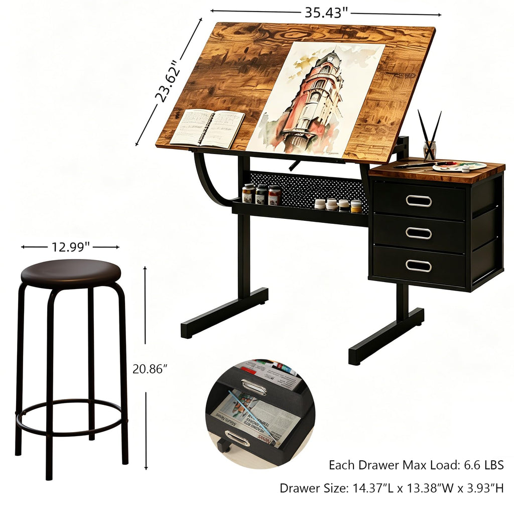 Height Adjustable Tilt Drafting Table with 2 Storage Drawers & Stool Brown