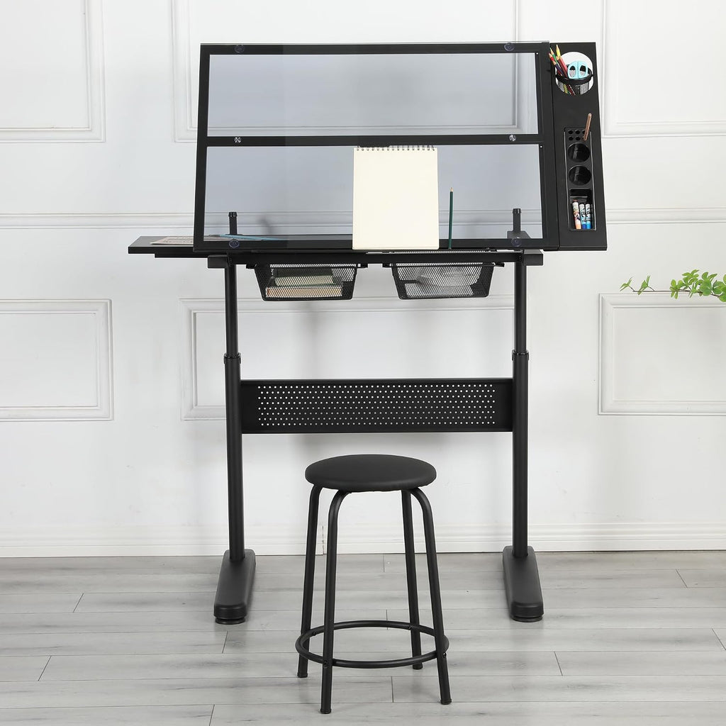 Glass Craft Table Drawing Desk â Drafting Tables Hobby Table Writing Studio Art Artist Desk with Adjustable Tilted Tabletop (Black-Newer)