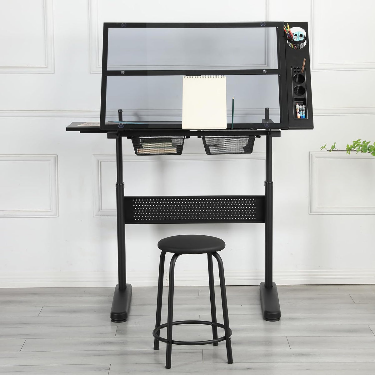 Glass Craft Table Drawing Desk â Drafting Tables Hobby Table Writing Studio Art Artist Desk with Adjustable Tilted Tabletop (Black-Newer)