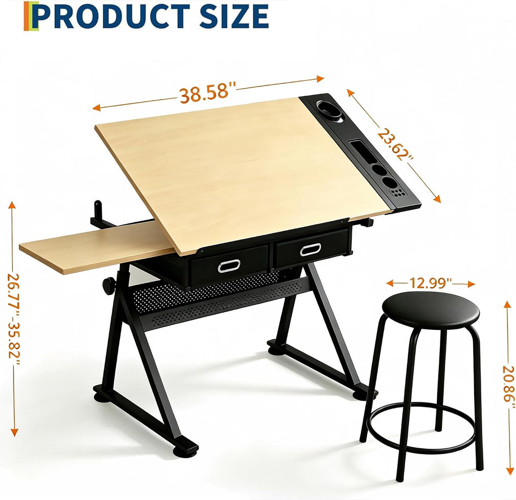 Height Adjustable Drafting Table, 0-75Â° Tilting Drawing Table Art Desk