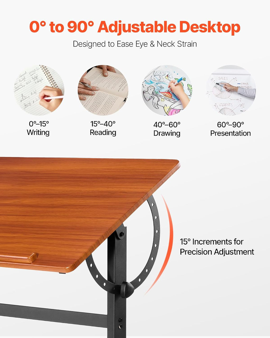 VEVOR Drafting Table, Adjustable 0Â°â90Â° Tilt Drawing Desk, Portable Artist Table with Black H-Frame and Brown Desktop, Wooden Painting Desk Craft Workstation for Reading, Writing, Crafting, Meeting