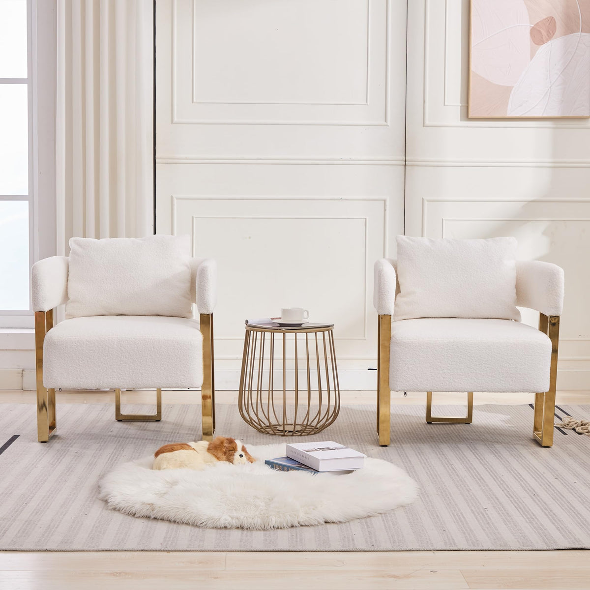 YISHENG Modern Barrel Accent Chairs Set of 2, Living Room Side Chairs with Golden Metal Legs Soft Upholstered Reading Armchairs no Wheels for Vanity/Reception Room//Bedroom/Lounge/Office,Black Teddy