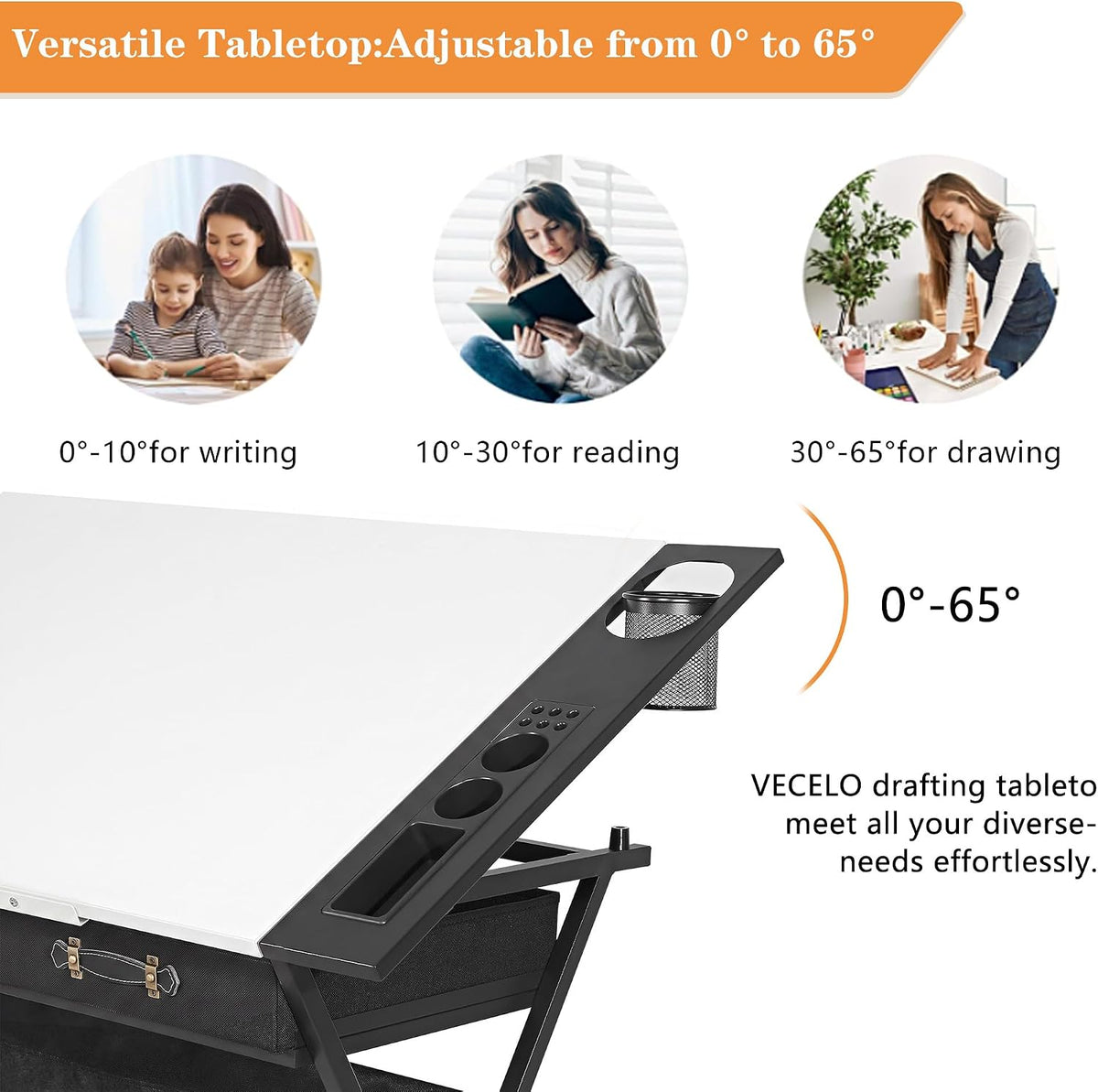 VECELO Drafting Table Art Desk Art Table Adjustable Drawing Table Tilted Tabletop with 2 Storage Drawers and Stool, Drawing Desk for Artist Painters Drawing, Crafting, Reading, Writing, White