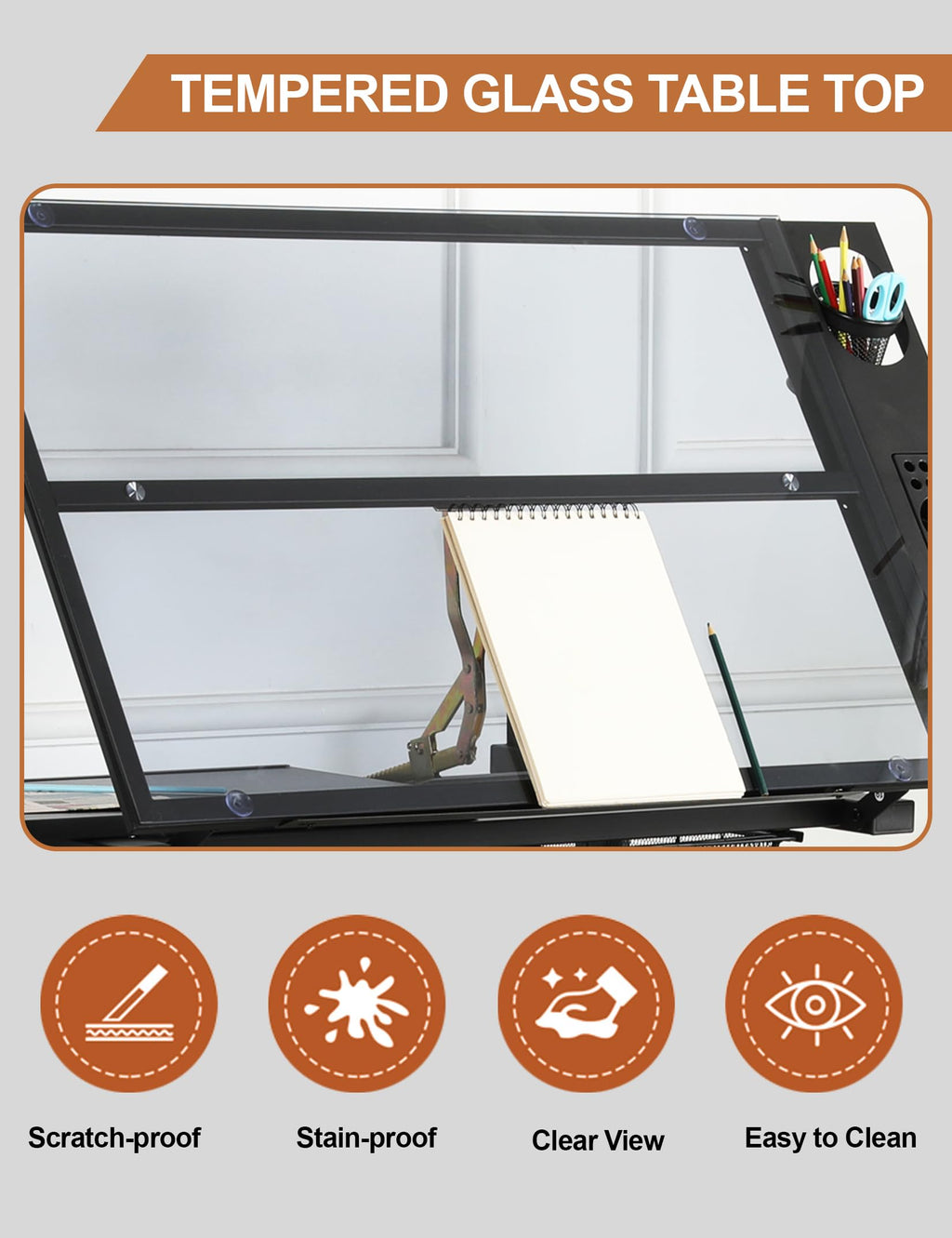 Adjustable Drawing Table for Artists | Drafting Desk with Tilted Glass Top | Art & Craft Table for Adults (Black, Classic Pro-27.16''- 35.82'' H)