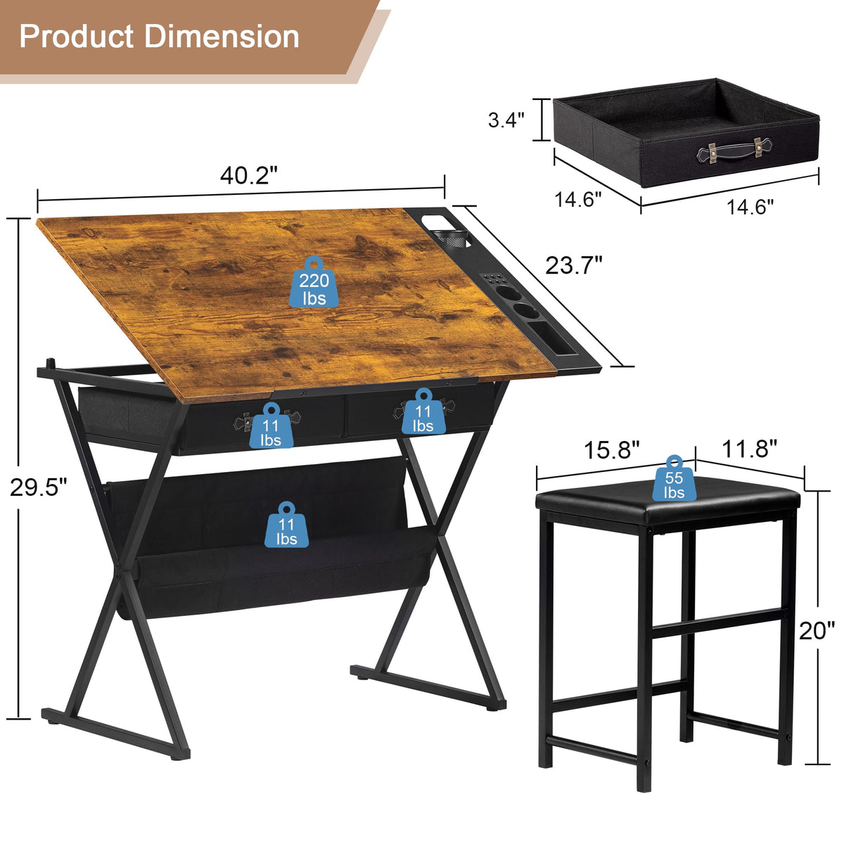 VECELO Drafting Table Art Desk Art Table Adjustable Drawing Table Tilted Tabletop with 2 Storage Drawers and Stool, Drawing Desk for Artist Painters Drawing, Crafting, Reading, Writing, White