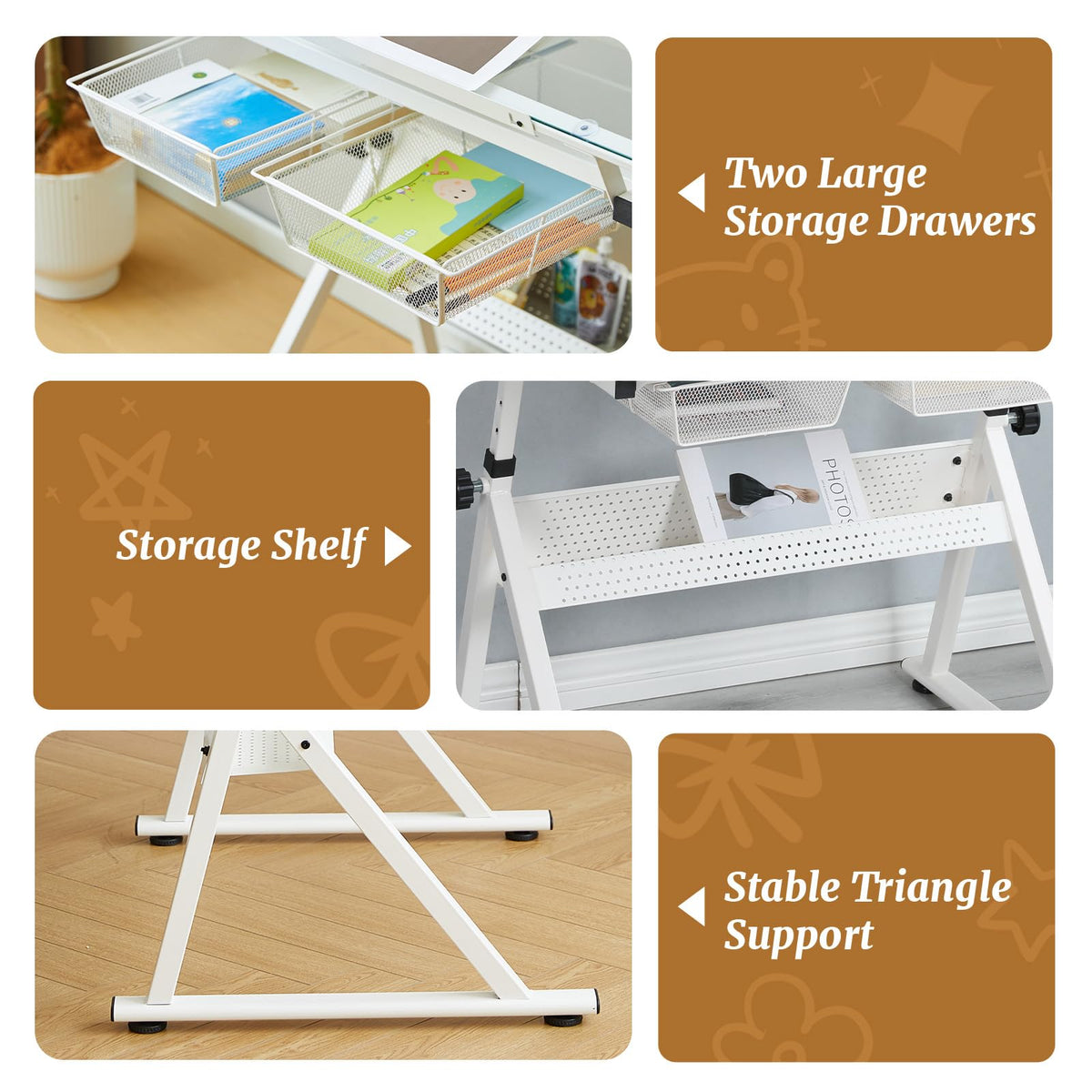 Drafting Table and Stool Set for Adults/Artists, Drawing Table with Adjustable Tabletop and Height, Art Workstation for Painters Crafting Reading Writing Home Office, All White