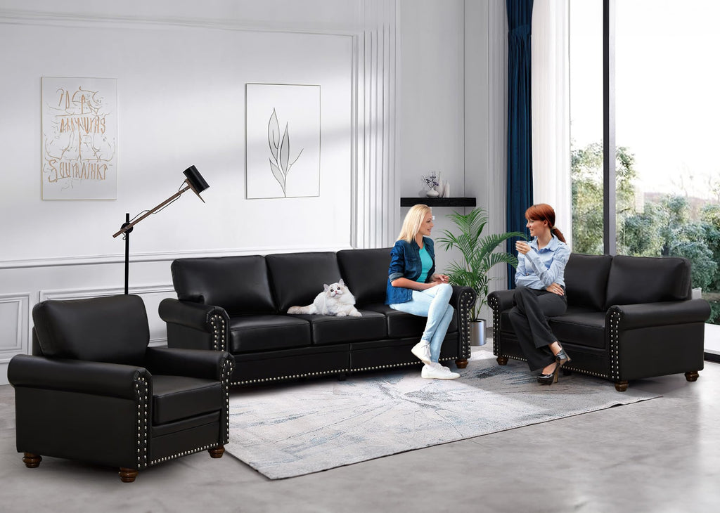 2 Piece Faux Leather Sofa Set,Modern Couch and Loveseat Sets with Storage,Mid Century Couch with Rivet Rolled Arm,Comfy Deep Seat Sofa,Furniture for Living Room,Office(Loveseat+3 Seater,Navy)