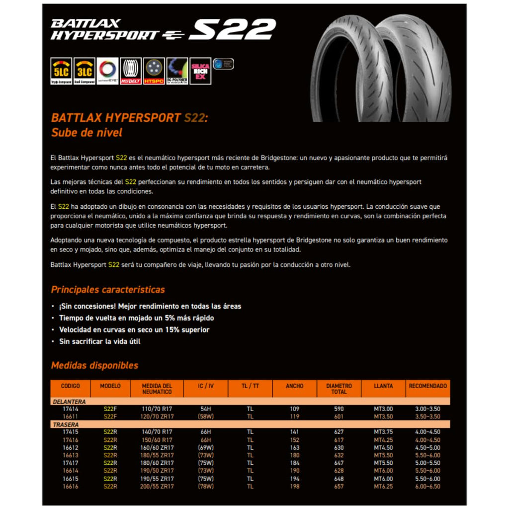 Bridgestone Battlax Hypersport S22 Motorcycle Tire