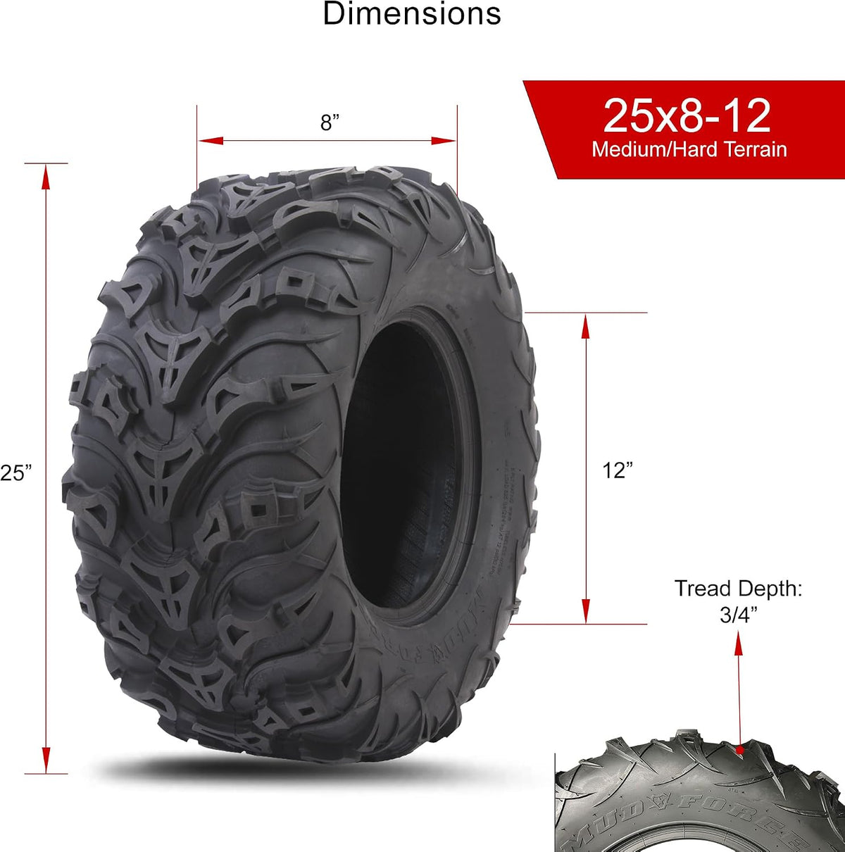 Tusk Mud Force ATV Tire Set â 25x8-12 Front & 25x10-12 Rear â Durable Off-Road Quad Tires Set of 4
