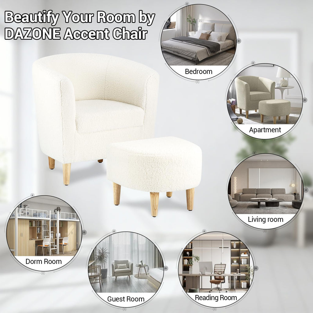 DAZONE Accent Chair with Ottoman, Modern Comfy Armchair Upholstered Barrel Club Chair and Footrest Set, Fabric Tub Arm Chairs for Living Room Bedroom Small Spaces Apartment Office, Set of 2, Gray