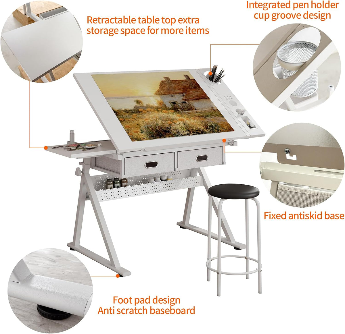 Height Adjustable Drafting Table with Stool, Drawing Art Desk with 2 Drawers, Artist Table with 75Â° Tilted Tabletop, Sketching Painting Artwork Station for Home Office School Reading, Crafting, White