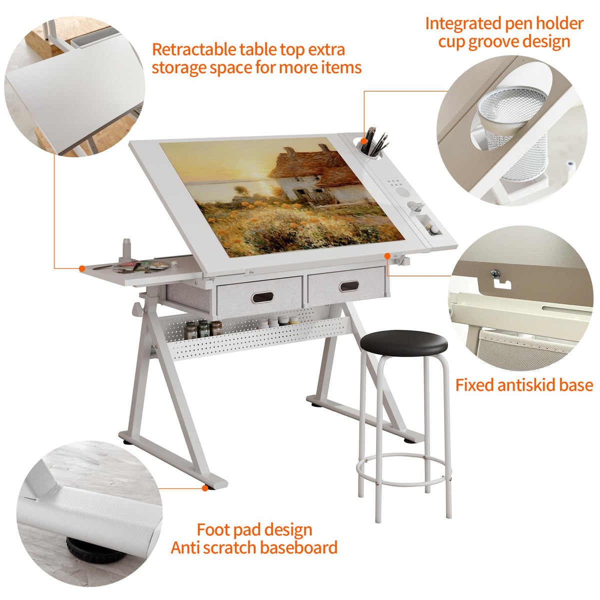Height Adjustable Drafting Table w/Stool, Painting Table Art Craft Desk Crafting Drawing Desk with Tilting Tabletop, 2 Storage Drawers for Artist Painters (Rustic Brown)