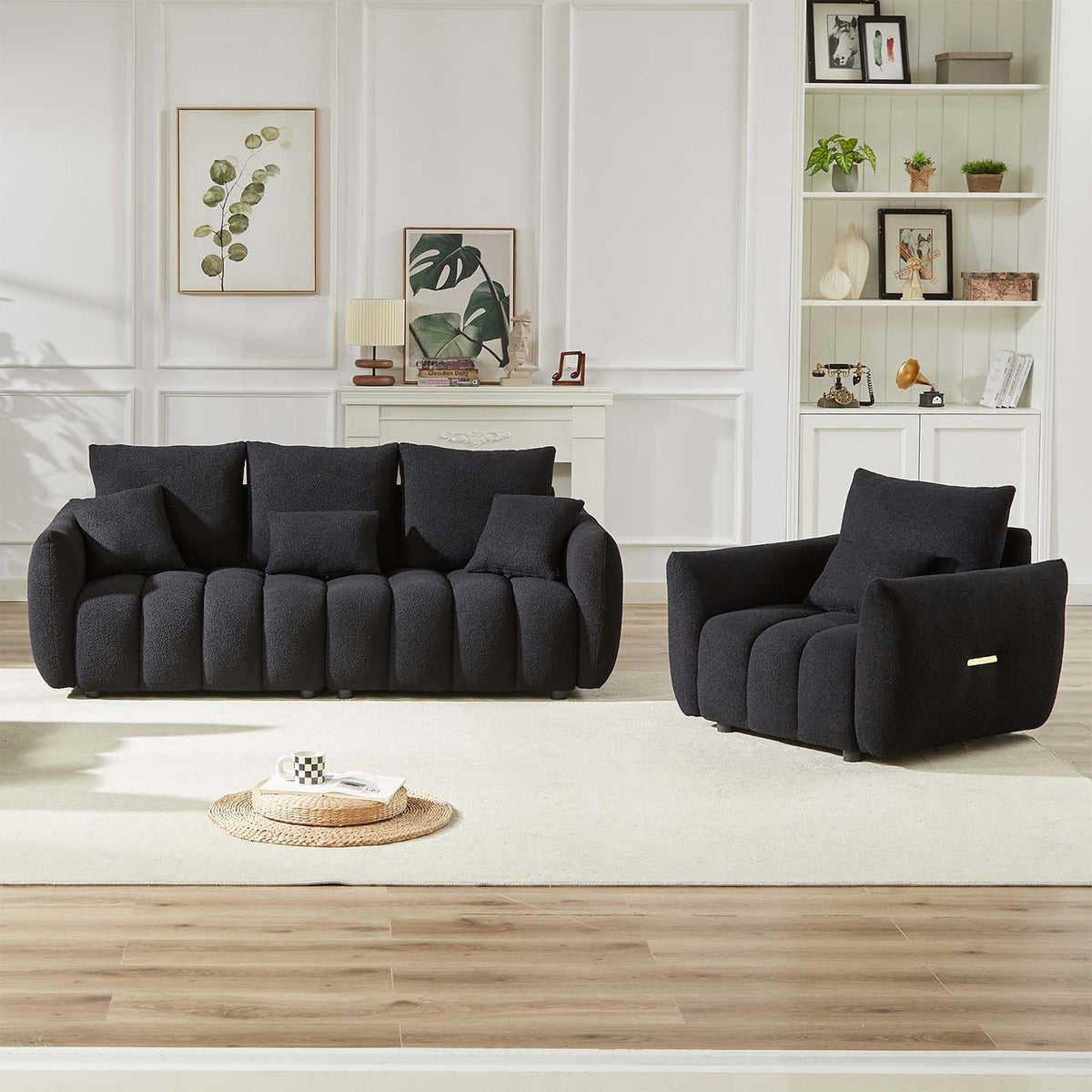 Antetek Teddy Fabric Sofa Set for Living Room, 2 Pieces Modern Deep Seat Oversized 3-Seater Cloud Boucle Couch for Bedroom, Office, Apartment, Furniture Set, 78-inch, Black (2 Pieces)