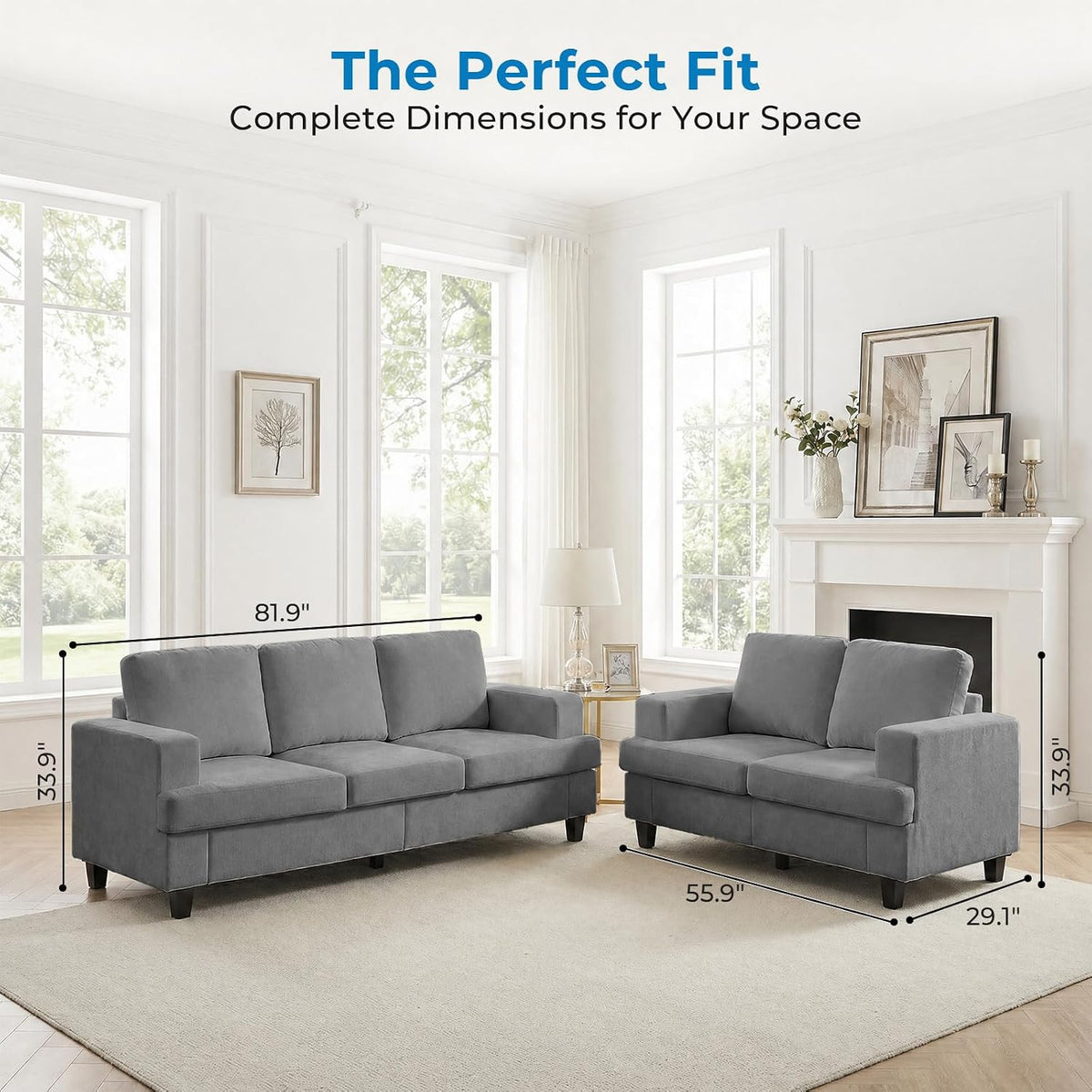 Mjkone 82" 2 Pieces Living Room Sofa Set, 3 Seater & Loveseat, Light Grey