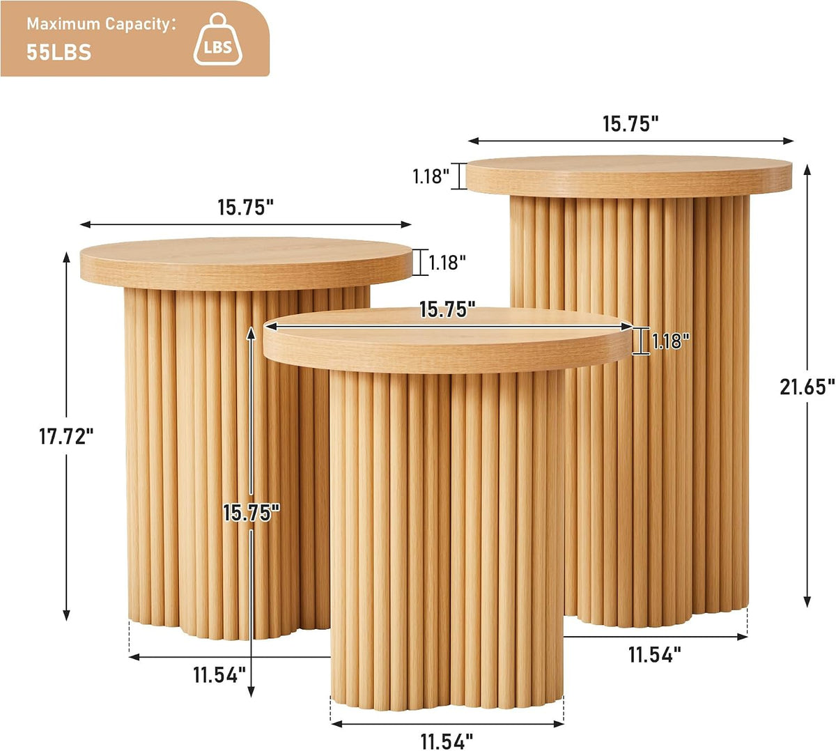 Round Nesting Coffee Table Set of 3 Fluted Coffee Table (Natural)