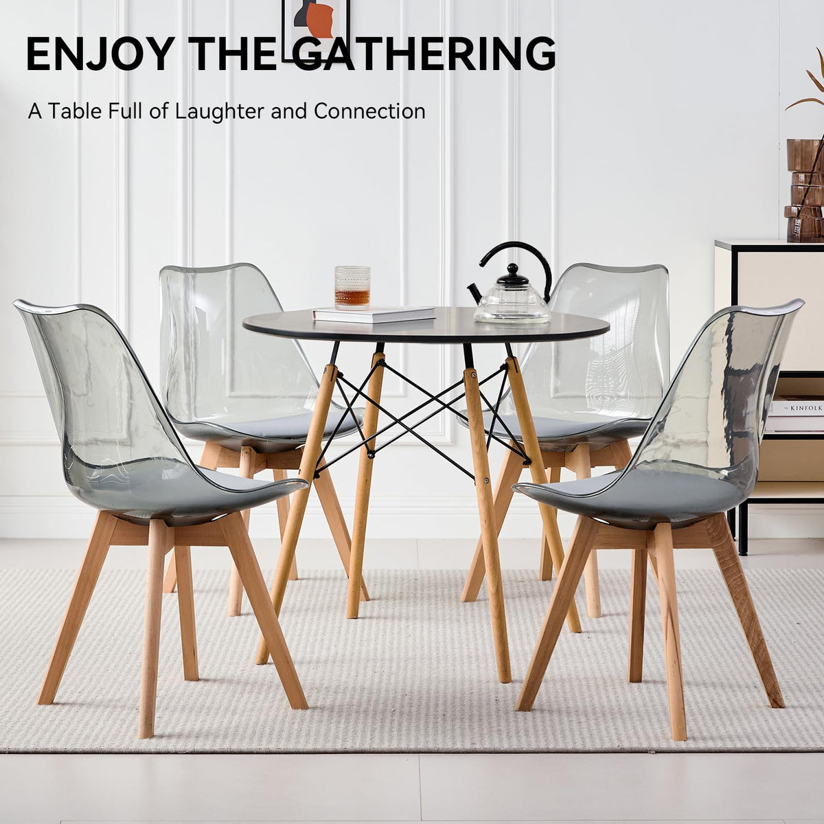 5-Piece Round Dining Set, 35.5" Black Table & Light Gray Chair