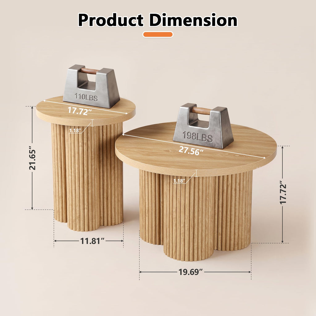 Round Nesting Coffee Table Set of 3 Fluted Coffee Table (Natural)