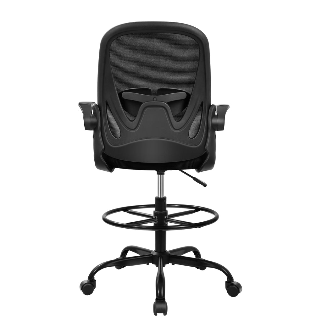Drafting Chair Tall Office Chair with Flip-up Armrests, Adjustable Height, and Enhanced Lumbar Support - Ergonomic Rolling Stool, Back Support, and Adjustable Foot Rest Ring for Standing Desk White