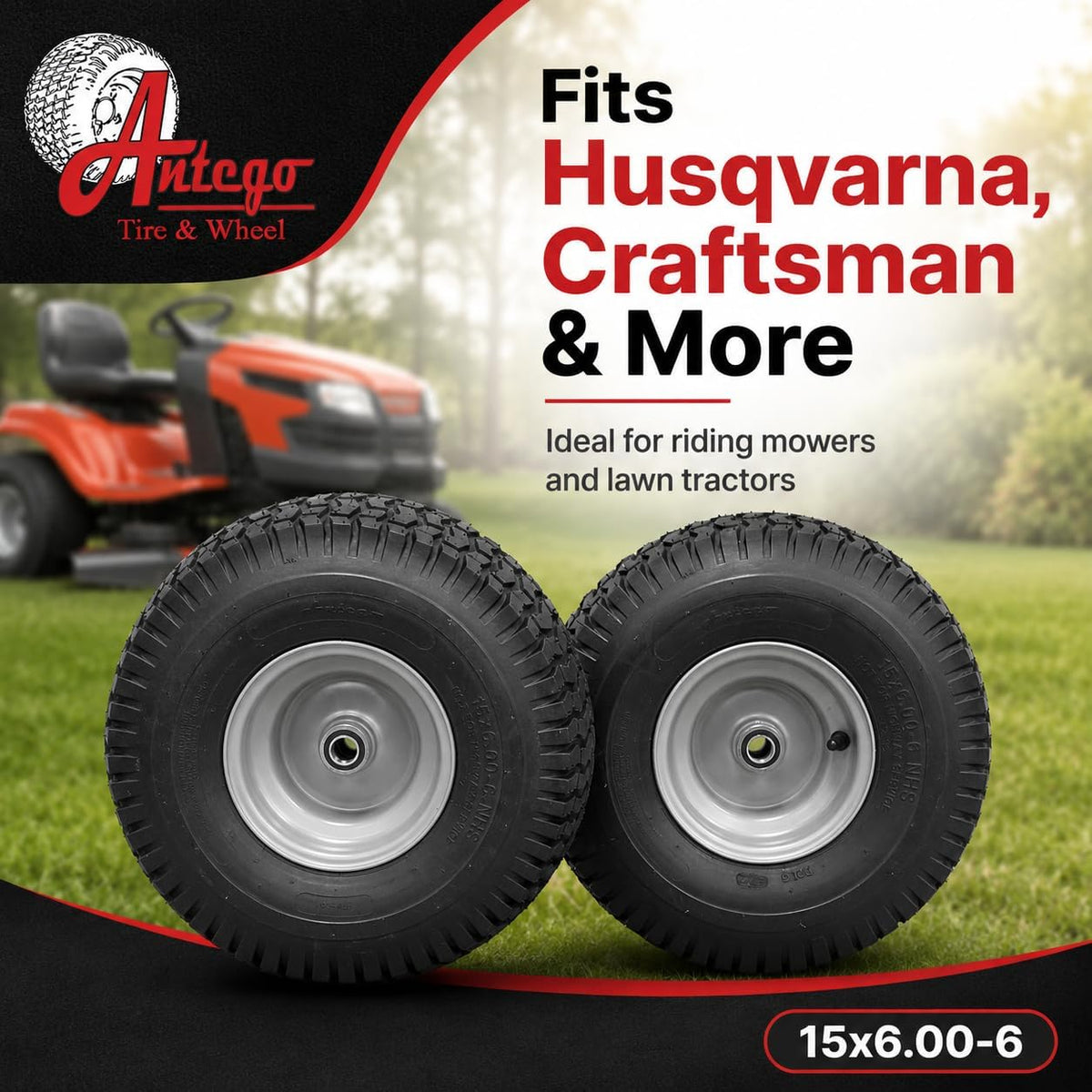 Antego 15x6.00-6 Tire & Wheel for Husqvarna/Poulan, 532106732, Set of 2