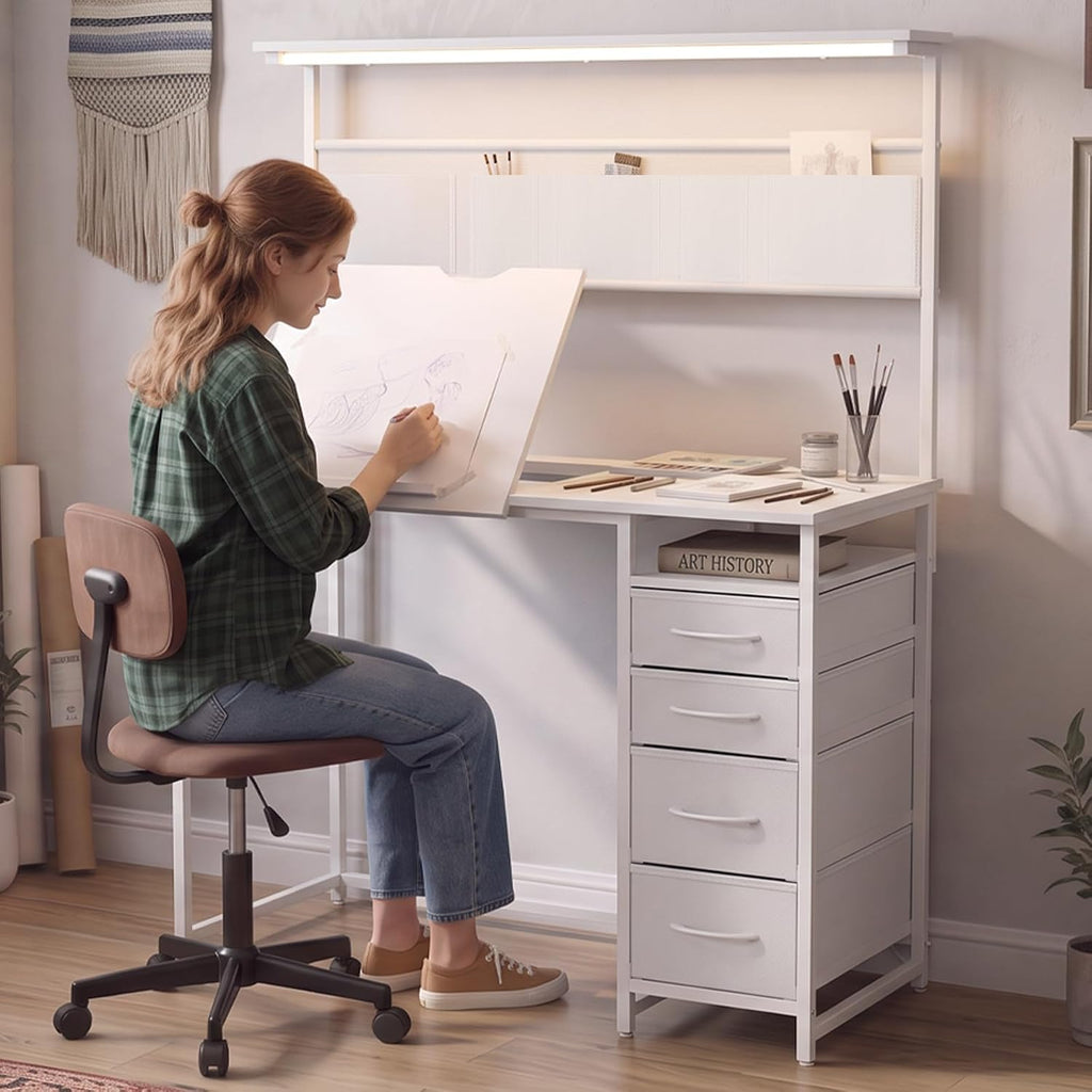 Drafting Table with Storage Drawers & Shelf Adjustable Tilting Art Craft Desk Drawing Painting Sketching Multifunctional Workstation for Home Office