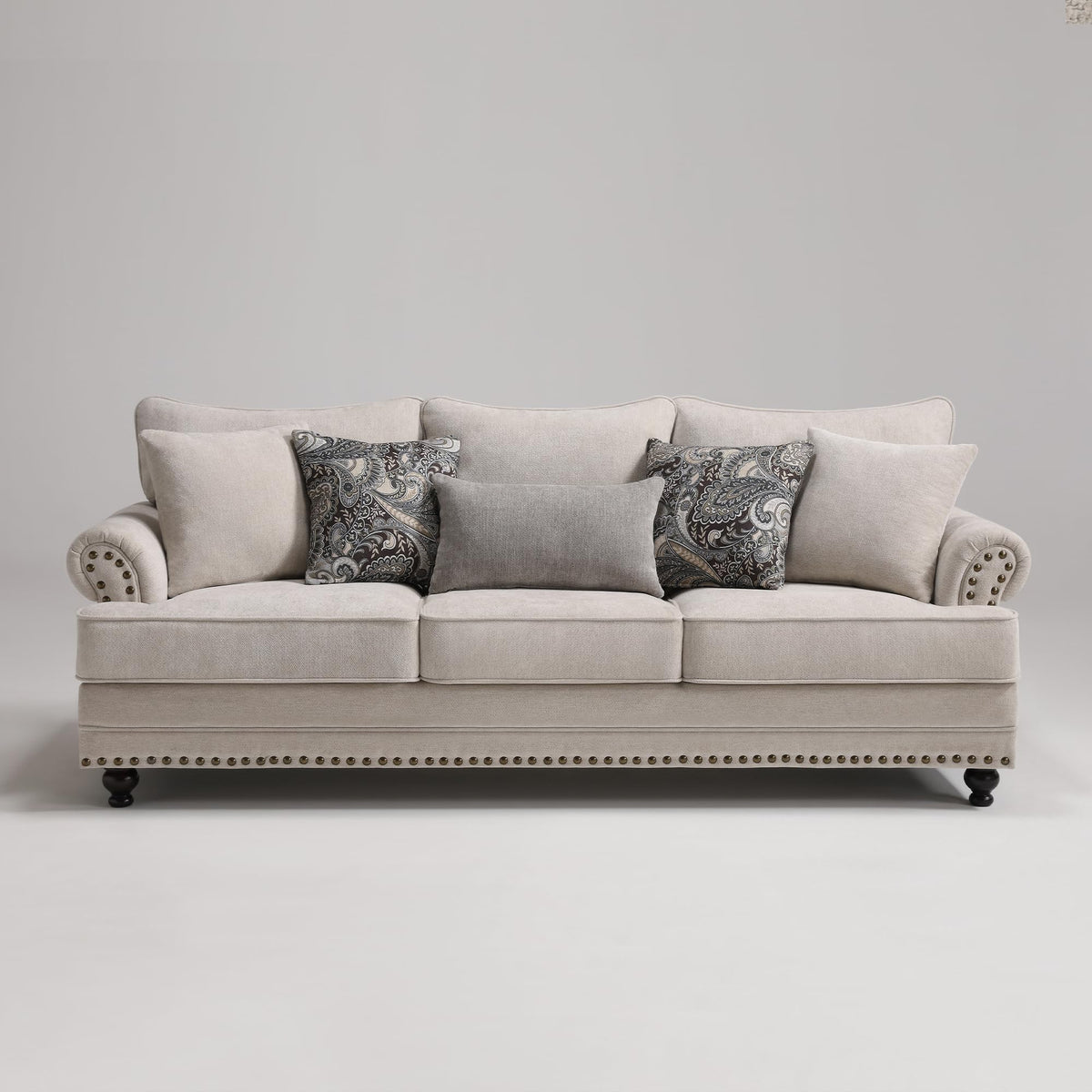 Modern Farmhouse Loveseat Sofa, Chenille Upholstery with Nailhead Trim, Small Couch for Living Room, Bedroom, Office, or Apartment, Includes 4 Accent Pillows